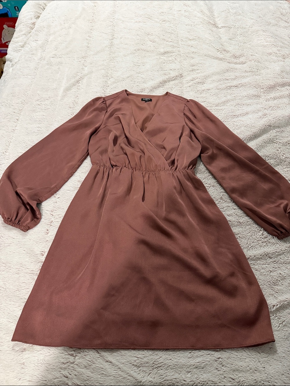 Express Dusty Rose Long-Sleeve Faux Wrap Dress